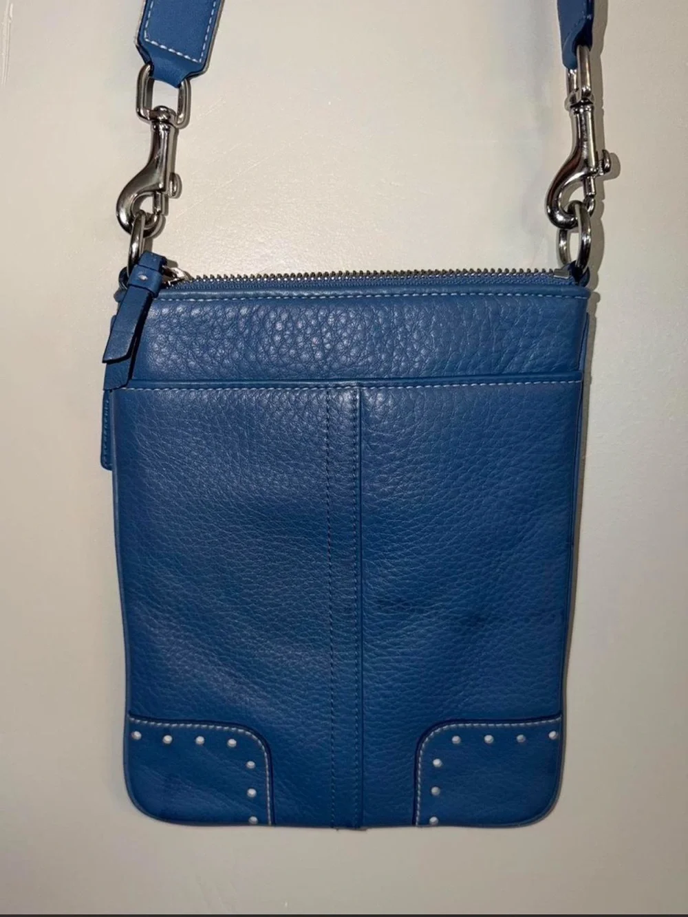 Coach Blue Pebbled Leather Crossbody with Stud Accents